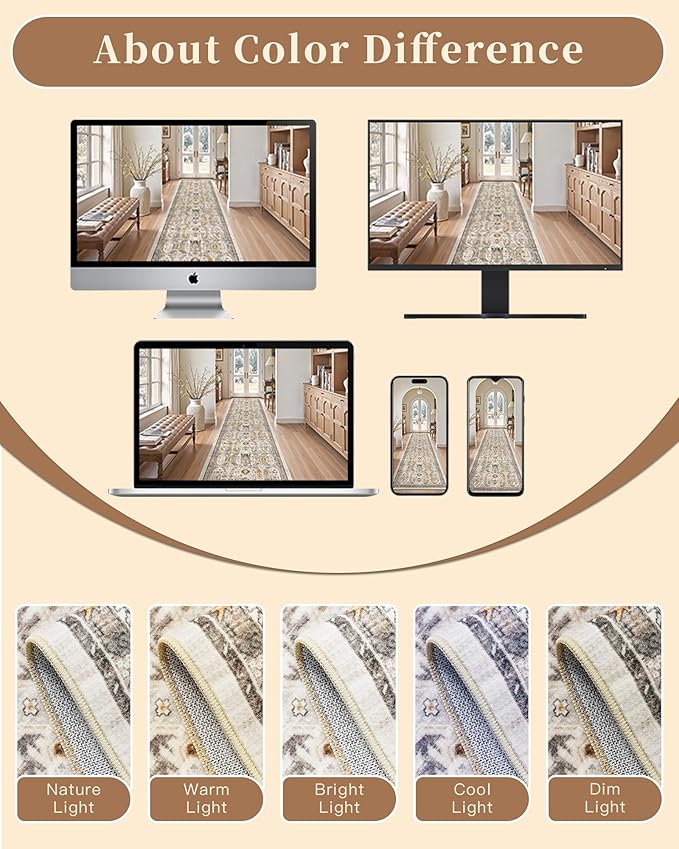Madane Hallway Runner Rug 3x16 - Vintage Non Slip Washable 16ft Kitchen Runner for Entrance Soft Long Carpet Runners for Living Room Bathroom Low Pile Floor Mat for Bedroom Dining Room, Brown/Gold