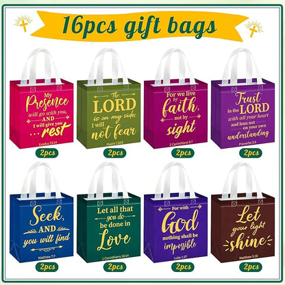 HunnmingRe 16 Pcs Christian Gift Bags Bulk, Easter Reusable Religious Bible Verse Tote with Handles Non Woven Scripture Pastor Blessing Gift for Baptism Church Wedding Favors
