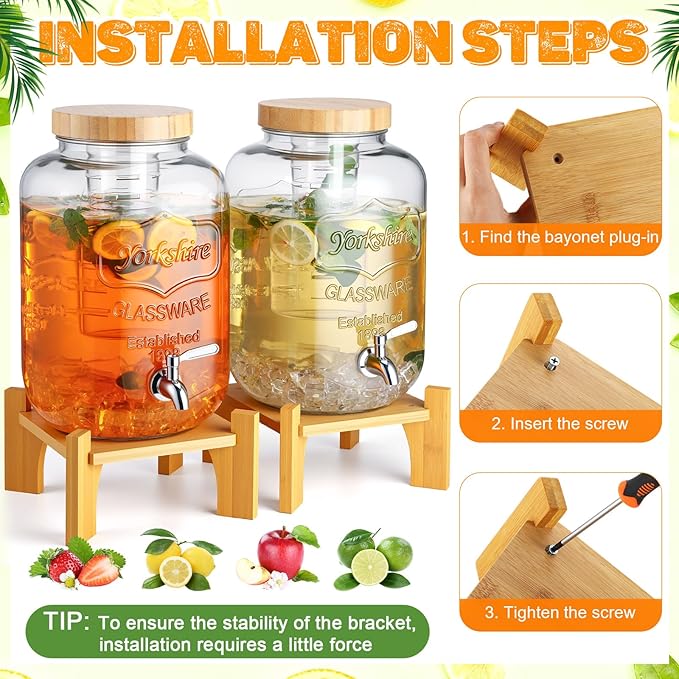 Honeydak 2 Pack 2.6 Gallon Glass Drink Dispenser for Parties, Large Beverage Dispensers with Wooden Stand, Lid & Stainless Steel Spigot for Wedding, Bars, Restaurants, Juice, Water, Lemonade, Cocktail