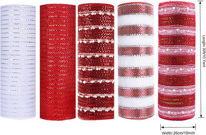 5 Rolls Christmas Mesh Ribbon for Wreath, 10 Inch x 30FT Per Roll Metallic Foil Deco Mesh Rolls Red White Ball Stripe Decorative Mesh for Christmas Tree Winter Holiday Wreath Party Decor
