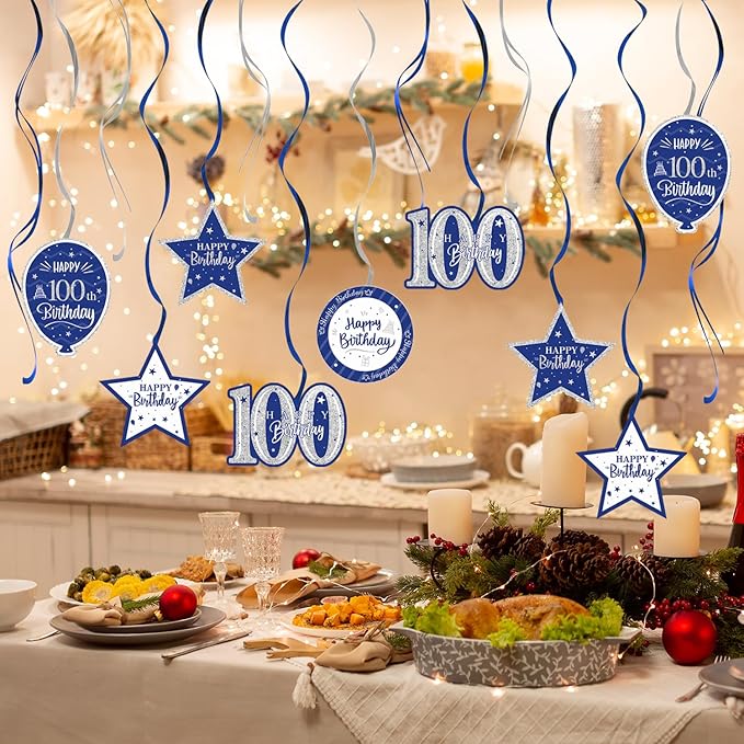 Happy 100th Birthday Blue & Silver Glitter Swirls Streamers Party Decorations - 15 Pcs 100th Birthday Hanging Swirls Streamers Kit,Cheers to 100 Years Old Bday Party Sign.
