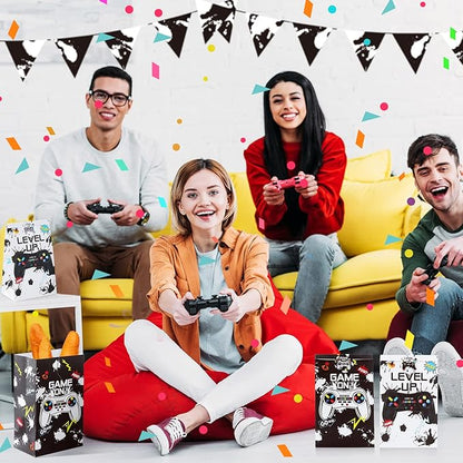 Geosar 30 Pack Video Game Party Favor Paper Bags Game on Goodie Candy Gift Bags with 30 Stickers Level up Reusable Goodie Treat Snacks Supplies for Boys Kids Gaming Birthday Party(White, Black)
