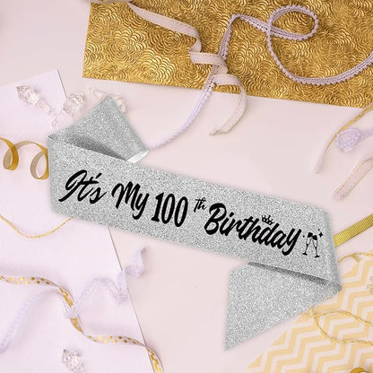 It's My 100th Birthday Sliver Sash - Sparkling Happy 100th Satin Sash for Women -100 Years Old Birthday Party Decorations