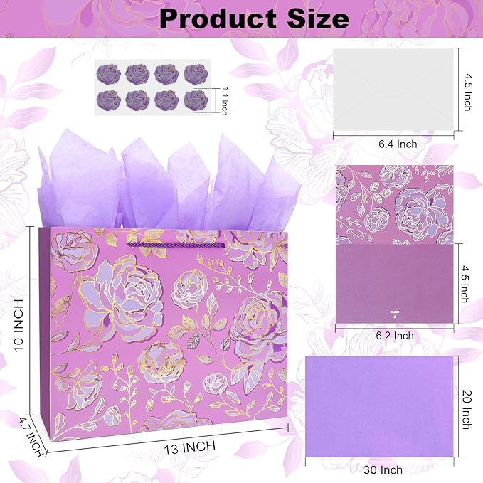 Oletx 13" Gold Pink Flower Gift Party Bags Happy Birthday Gift Bag with Tissue Paper Greeting Card for Women's Birthday Party,Wedding,Anniversaries,Mother's Day