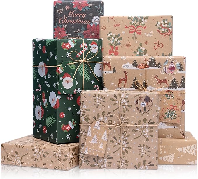 Larcenciel Christmas Gift Wrapping Paper Set, 6 Sheets with Tags, Stickers, Twine and Tape, Classic Holiday Kraft Wrapping Paper, Green Brown Elegant Xmas Gift Wraps for Girly, Boys, Coworker, Friends