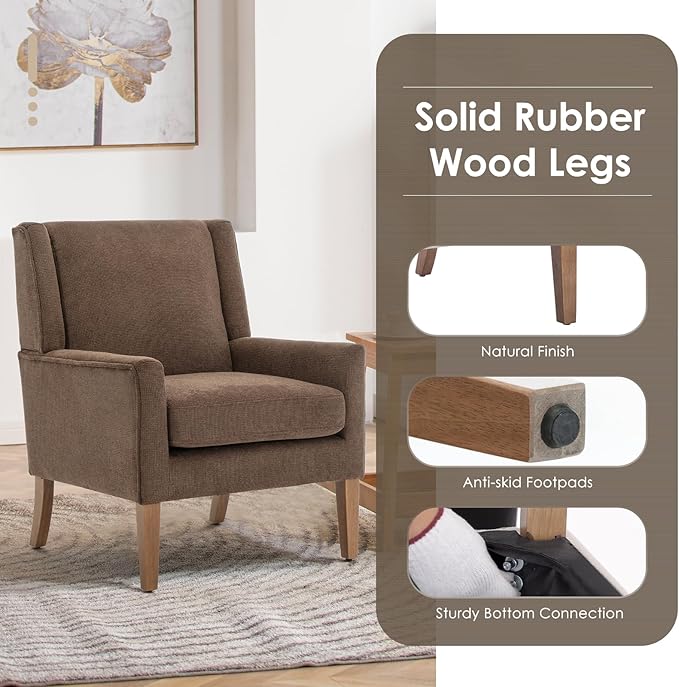 COLAMY Modern Wingback Living Room Chair, Upholstered Fabric Accent Armchair, Single Sofa Chair with Lounge Seat and Wood Legs for Bedroom/Office/Reading Spaces, Brown