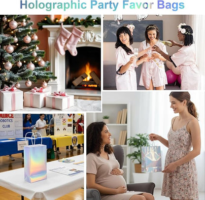 Abeillo 48 Pcs Reusable Paper Gift Bags with Handle, Iridescent Gift Bag Glossy Holographic Goodie Bag Gifts Handbag Bulk for Baby Shower Christmas Birthday Party Favor, 8.3 x 4.7 x 3.1 Inch