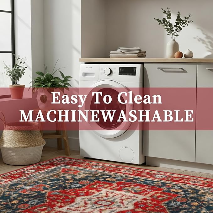 Enkor Area Soft Rugs 5x7 Washable Non Slip Boho Floor Rugs for Living Room Bedroom, Vintage Style Farmhouse Mat for Kitchen Entryway Red & Blue