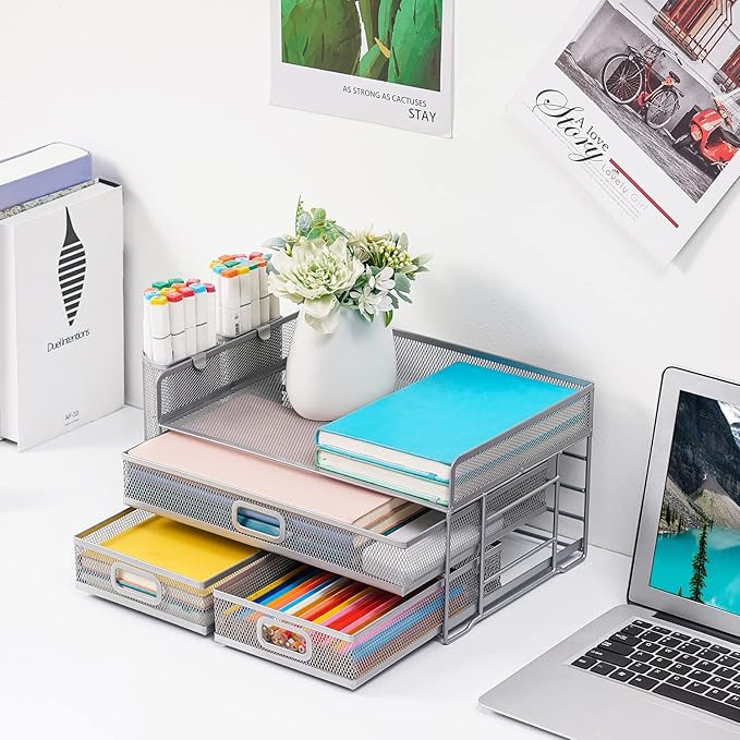 Marbrasse 3 Tier Mesh Desk Organizer with Drawer, Multi-Functional Desk Organizers and Accessories, Paper Letter Organizer with 2 Pen Holder for Home Office Supplies (Silver)