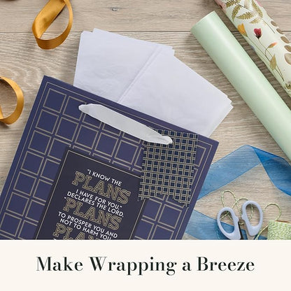 Christian Art Gifts Large Portrait Inspirational Scripture Gift Bag, Tag & Wrapping Tissue Paper Set for Grads: I Know the Plans Bible Verse, Sturdy Satin Ribbon Handles, Checkered Dark Blue & Gold