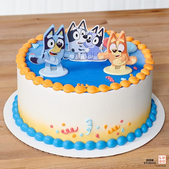 DecoSet® Bluey Dance Mode Cake Toppers, 3 Piece Cake Decoration With Bluey And Bingo Figurines and Muffin & Socks Poly Pic, For Birthday, Parties, Celebration