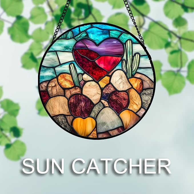 Stained Glass Window Hanging Red Heart-Shaped Stone 6.3" - Suncatcher Door Garden Sun Catcher Home Decor Birthday Anniversary Valentines Day Gifts for Woman Wife Men Her Him Lovers