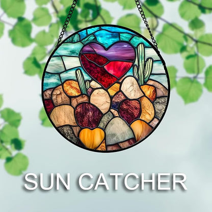 Stained Glass Window Hanging Red Heart-Shaped Stone 6.3" - Suncatcher Door Garden Sun Catcher Home Decor Birthday Anniversary Valentines Day Gifts for Woman Wife Men Her Him Lovers