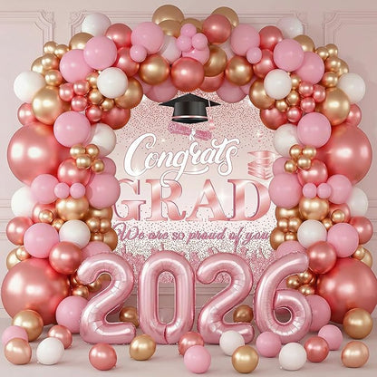 Pink Graduation Balloon Arch Kit 2026 with Rose Gold Balloons, Grad Backdrop, 2026 Foil Balloons for Prom Girl's High School College Graduation Party Decorations