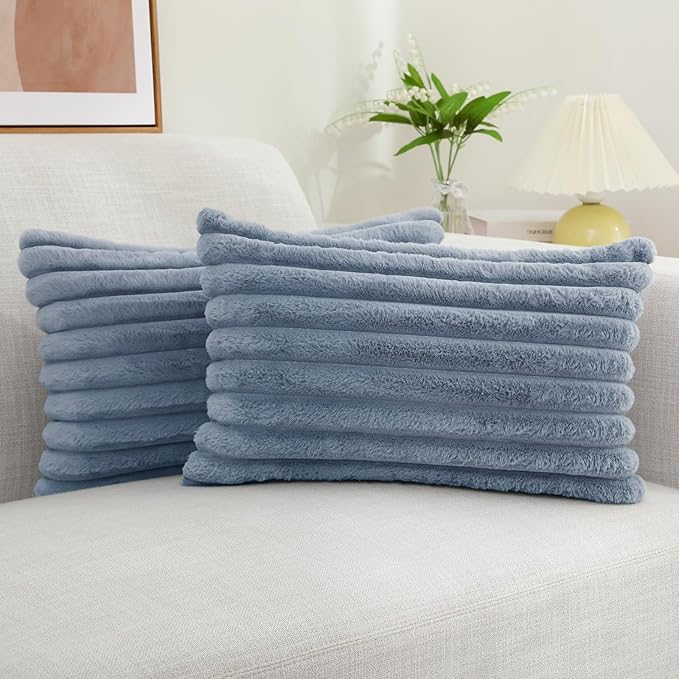 decorUhome Cozy Faux Fur Throw Pillow Covers 12x20 Set of 2 Decorative Soft Plush Striped Lumbar Modern Farmhouse Boho Couch Pillow Cases with Velvet Back for Sofa Bed Living Room, Grey Blue
