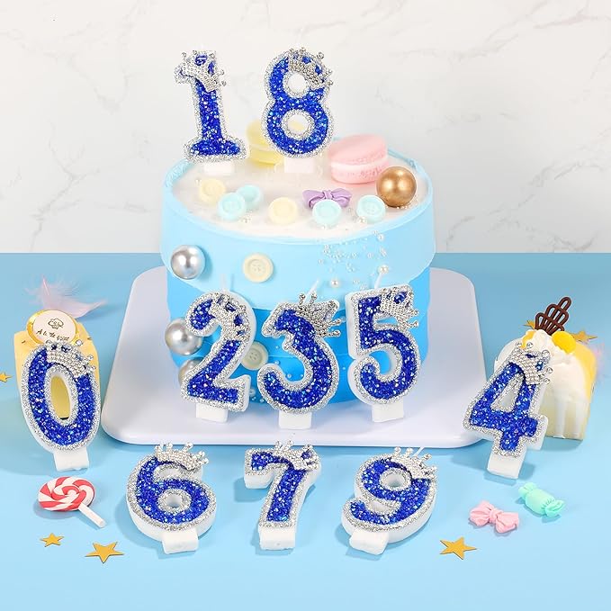 Blue Birthday Candle Crown Number Candle with Sequins Cake Candles Cupcake Decorations Party Decor for Anniversary Celebrations Supplies