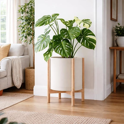 D'vine Dev Planter Pot with Stand - 14 Inch Plastic Cylinder Flower Pot with Wood Planter Holder for Indoor, Oatmeal Pot + Natural Stand, 55-C-S-4