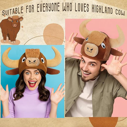 Shihanee Highland Cow Head Plush Hat Highland Cow Gift for Women Animal Headwear Party Supplies Costume Animal Hat Gifts for Women Photo Booth Prop Dress up Accessory