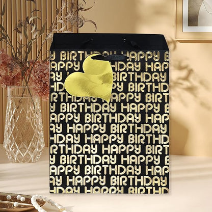 suosicn 6 Pack Black Birthday Gift Bags with Handles and 8 Pcs Tissue Paper, Assorted Sizes Metallic Letters Gift Bags for Birthday,Anniversary and Any Occasions