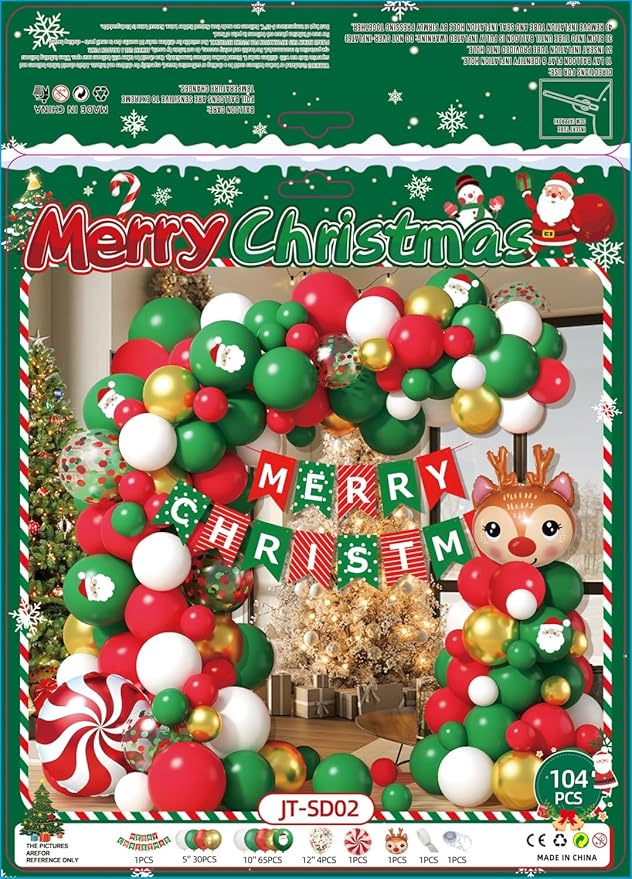 Mxdfafa 104PCS Christmas Balloon Arch Kit, Red Green White Gold Latex Balloons with Santa & Reindeer Foil Balloons, Merry Christmas Banner, DIY Garland Kit for Holiday Party Decor