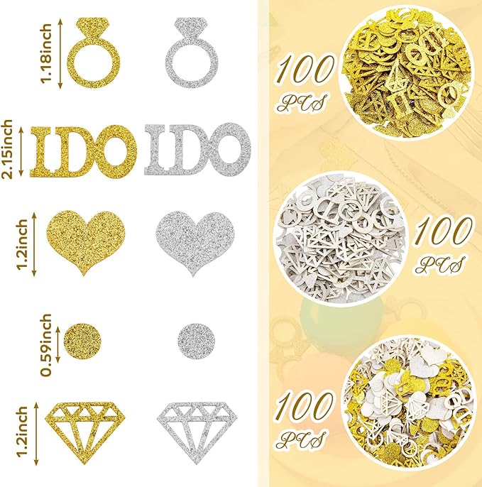 300 Pieces Gold Silver Diamond Ring Paper Confetti Glitter Wedding Table Confetti I Do Circle Dots Heart Confetti Party Table Scatter for Bridal Shower Baby Shower Engagement Party Hen Party Decor
