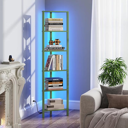 TUTOTAK Corner Shelf with LED Light, 6-Tier Corner Bookshelf