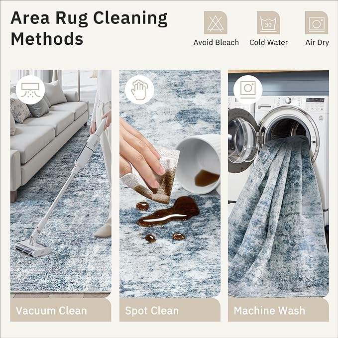Soalmost 10x14 Area Rugs for Living Room, Non Slip Machine Washable Vintage Rugs, Low Pile Lightweight Large Rug for Bedroom, Dining Room, Home Office Blue
