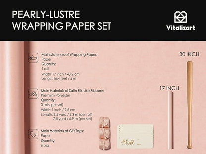 Vitalizart Pink Wrapping Paper Set 17" Pearly-Lustre With Silk Like Satin Ribbon & Gift Tags Recyclable Christmas Gift Wrapping Birthday Baby Shower Wedding Handmade Crafts 197"(16.4 Ft)