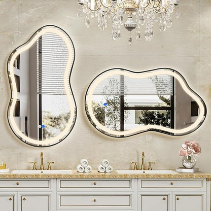 Irregular LED Bathroom Mirror with Lights, Cloud Smart Backlit Mirror, Dimmable Lighted Bathroom Mirror with Anti-Fog, Asymmetrical Vanity Mirror Hangable 2 Ways (Black, 24" x 36", 1 Pack)