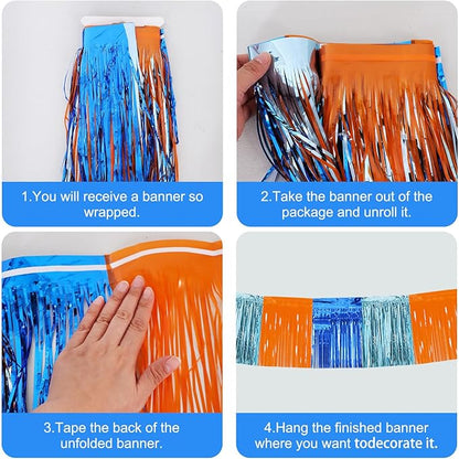 BEISHIDA 3 Packs Metallic Foil Fringe Garland Orange Bue Wall Hanging Tinsel Fringe Banners for Car Floats Birthday Party Decoration Baby Shower Backdrops Dog Theme Party Supplies(30 Feet)