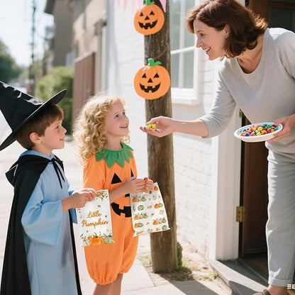 Haooryx Sage Green Pumpkin Party Favor Bag - 50 Pcs Little Pumpkin Plastic Goodie Candy Treat Bag with Handle Gift Wrap Decoration for Kids Birthday Baby Shower Halloween Decoration Party Favor Supply