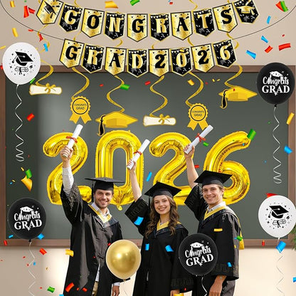 Black and Gold Graduation Decorations 2026, Graduation Party Decorations Class of 2026 Backdrop, Congrats Grad Banner Black Gold and White Balloons Foil 2026 Balloons College High School Master Phd