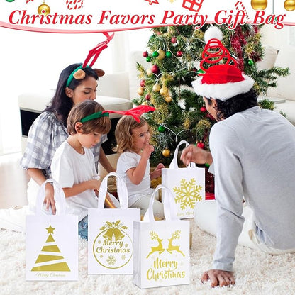 Wesnoy 24 Pcs Christmas Gift Bags Bulk 10 x 8 x 4 Inch Christmas White Gold Non Woven Party Favors Goodies Candy Bags with Handles for Holiday Gift Birthday Party Supplies