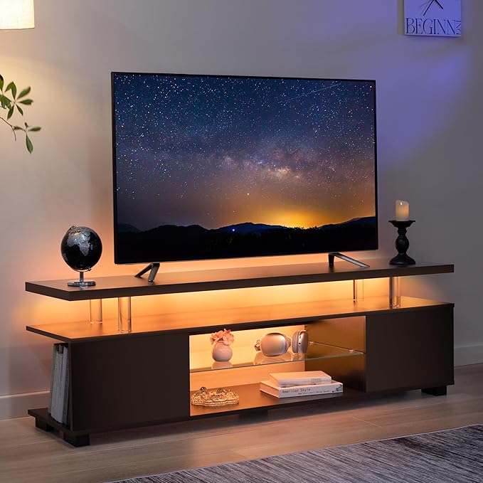 Cubehom Black TV Stand 65 inch,LED TV Stand for Living Room,Glass Entertainment Center TV Stand, TV Console Tables for Living Room,Bedroom,Home Office