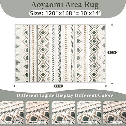 Area Rug for Living Room 10x14: Large Washable Boho Moroccan Rugs Geometric Neutral Rug, Non-Slip Foldable Morden Farmhouse Indoor Floor Carpet for Bedroom Dining Room Home Office（Brown Green,10'x14'）