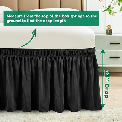 Biscaynebay Wrap Around Bed Skirts for King & Cal King Beds 22" Long Drop, Black Adjustable Elastic Dust Ruffles Easy Fit Wrinkle Resistant Silky Luxurious Fabric Machine Washable