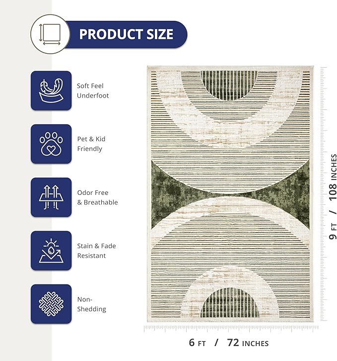 Abani Mid-Century Green Arch Washable Area Rug – 6' x 9' – Modern Geometric Design – Ivy Collection – Non-Shedding, Easy to Clean – Durable for High Traffic Areas – Living Room, Bedroom & Office