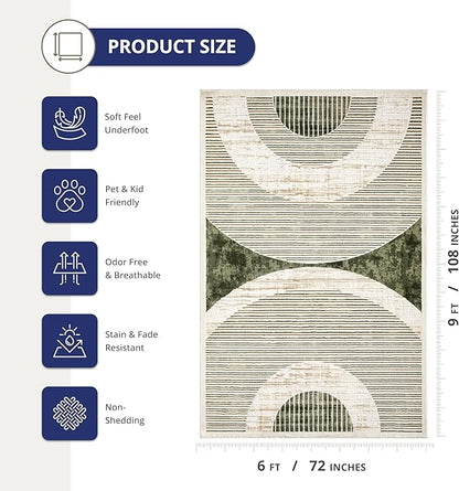 Abani Mid-Century Green Arch Washable Area Rug – 6' x 9' – Modern Geometric Design – Ivy Collection – Non-Shedding, Easy to Clean – Durable for High Traffic Areas – Living Room, Bedroom & Office