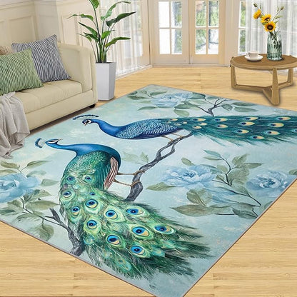 Peacock Rugs for Living Room - 5x6 Rug, Classic Peacock Floral Area Rugs for Bedroom, Teal Turquoise Rug, Modern Style Washable Carpet, Aesthetics Carpet - Peafowl Home Decor & Gifts