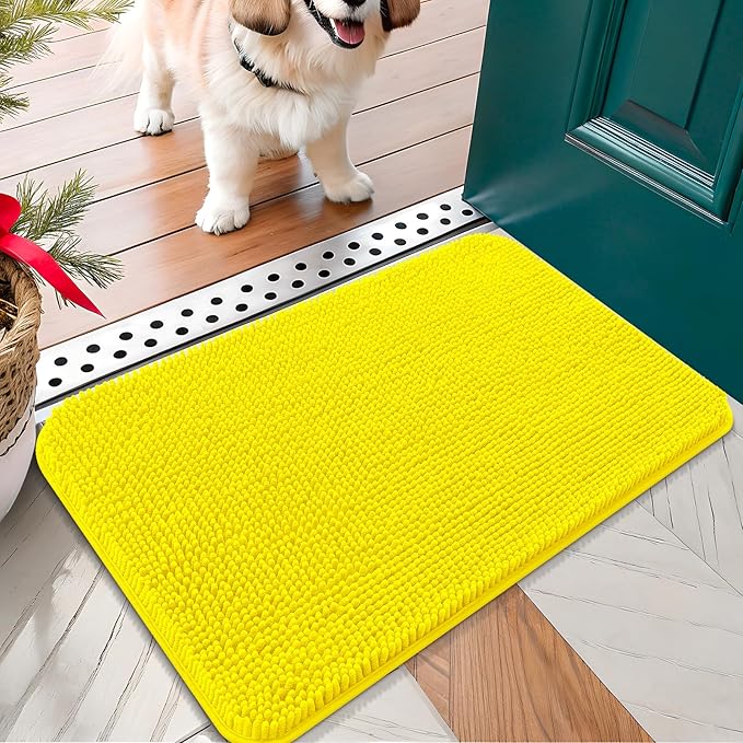 OLANLY Dog Door Mat for Muddy Paws 24x16, Absorbs Moisture and Dirt, Absorbent Non-Slip Washable Doormat, Quick Dry Chenille Mud Mat, Entry Indoor Entryway Carpet for Inside Floor, Lemon Yellow
