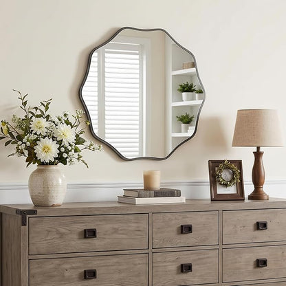 PERFNIQUE Black Scalloped Mirror, 20'' Round Wall Mirrors Wavy Wood Framed for Bathroom Nursery Bedroom Living Room Entryway, Decorative Modern Wall Decor