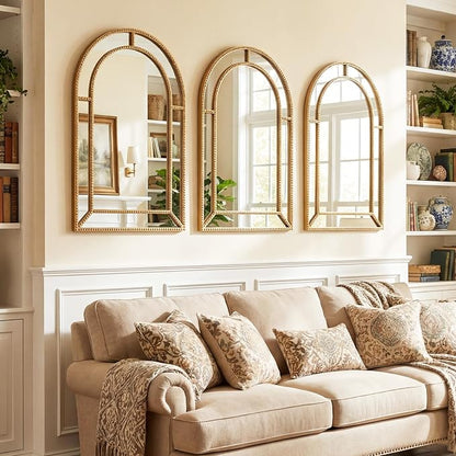 Tangkula 35" x 23" Gold Arched Wall Mirror, Decorative Mirror with Beaded Frame for Living Room, Entryway, Fireplace, Bedroom, Modern Vintage Wall Decoration (Arched)
