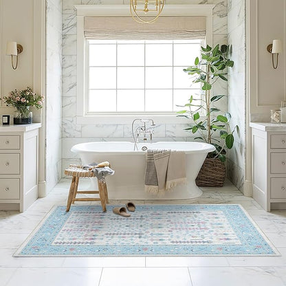 Fame Living Cream Blue Oushak Rug, Modern Small Rugs, Vintage, Turkish, Eclectic, Floral, Pastel, Washable, Door Mat, Doormat for Indoor Entrance, Entryway, Kitchen, Bathroom, Bedroom, Laundry, 2'x3'