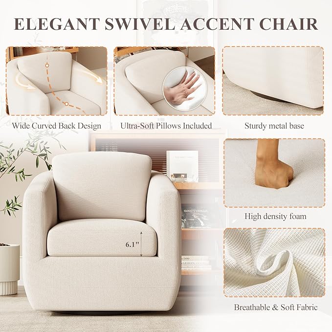 MALOL 360° Swivel Accent Chair Set of 2- Comfy Living Room Armchair No-Sag Foam & Sturdy Metal Base with Pillow, Fully Assembled Swivel Accent Single Sofa for Bedroom, Office, Beige