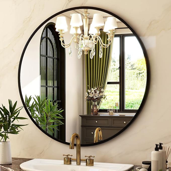 HARRITPURE Round Mirror 19.6 Black Wall Mounted Circle Mirrors Vanity Mirror with Brushed Aluminum Alloy Frame Modern Decoration for Bathroom, Living Room, Vanity, Bedroom, Entryway