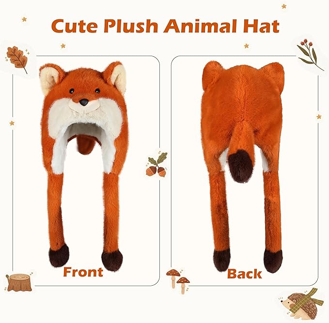 Surblue Animal Hat with Ears Moving Jumping Winter Plush Cap Halloween Christmas Party for Adult Teenager, One Size