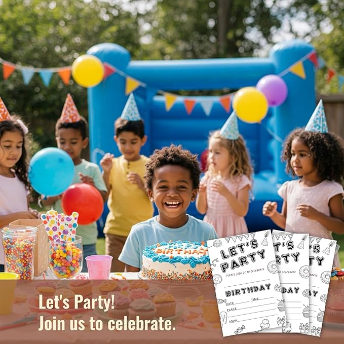 Let's Party Candyland Birthday Invitations for Girls Boys Teens Kids - Dessert, Hand Drawn Minimalism, Black and White, Candy Balloon Streamer - 25 Pcs 4x6 Inch with Envelopes (Black Pattern)