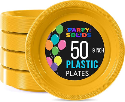 Exquisite Party Solids Yellow Plastic Plates For Party Supplies 9" Yellow Disposable Plates Heavy Duty 50 Pcs Plastic Dinnerware Sets Heavy Duty 350 GSM Disposable Dinnerware Set