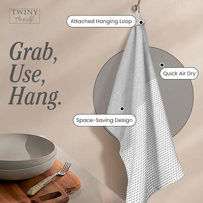 TWINY threads Dish Towel Diamond Weave, Premium 100% Cotton Kitchen Linen Set, Large Dish Rags and Wash Rags, Absorbent Quick Drying, Washable Reusable Dishcloth Set, 4 Pack, 18"x26", Light Grey