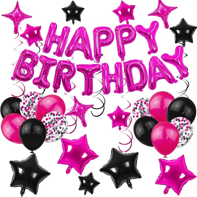 56 PCS Happy Birthday Balloons Happy Birthday Banner Rose Red and Black Balloons for Boys Men Girls Women 16th 18th 20th 21st 25th 30th 40th 50th 60th Birthday Party Decorations